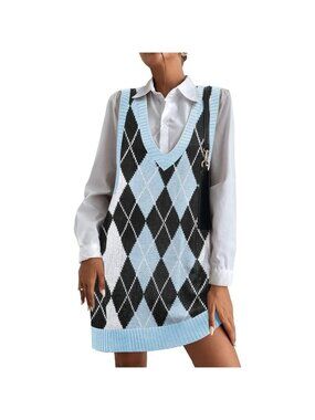 Hotouch Womens Blue Argyle V Neck Sleeveless Knitwear Pullover Vest Sweaters